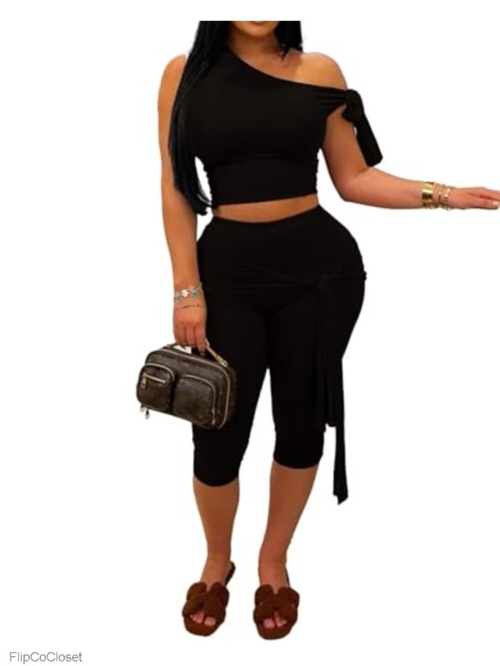 Off Shoulder Crop Top Capri Leggings Set Women 2 Piece Outfit Club Party